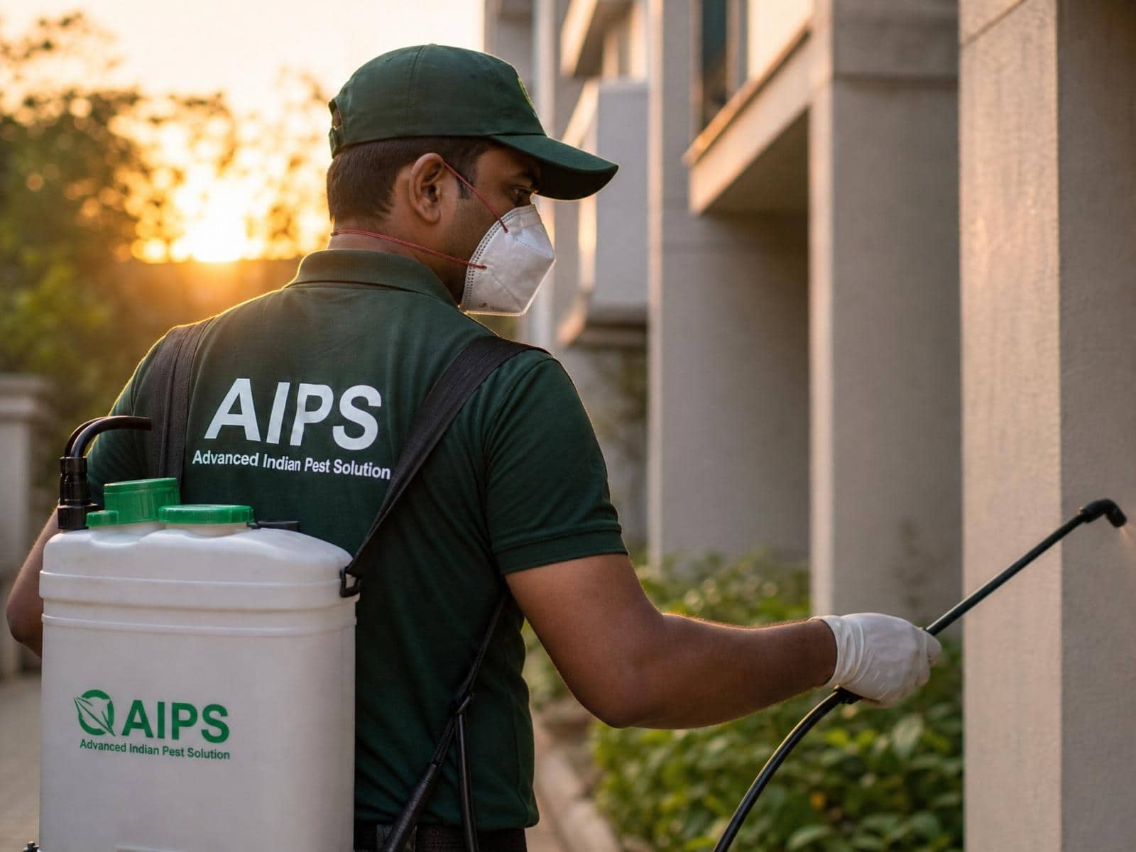 AIPS field technician in branded uniform treating a residential society at sunset