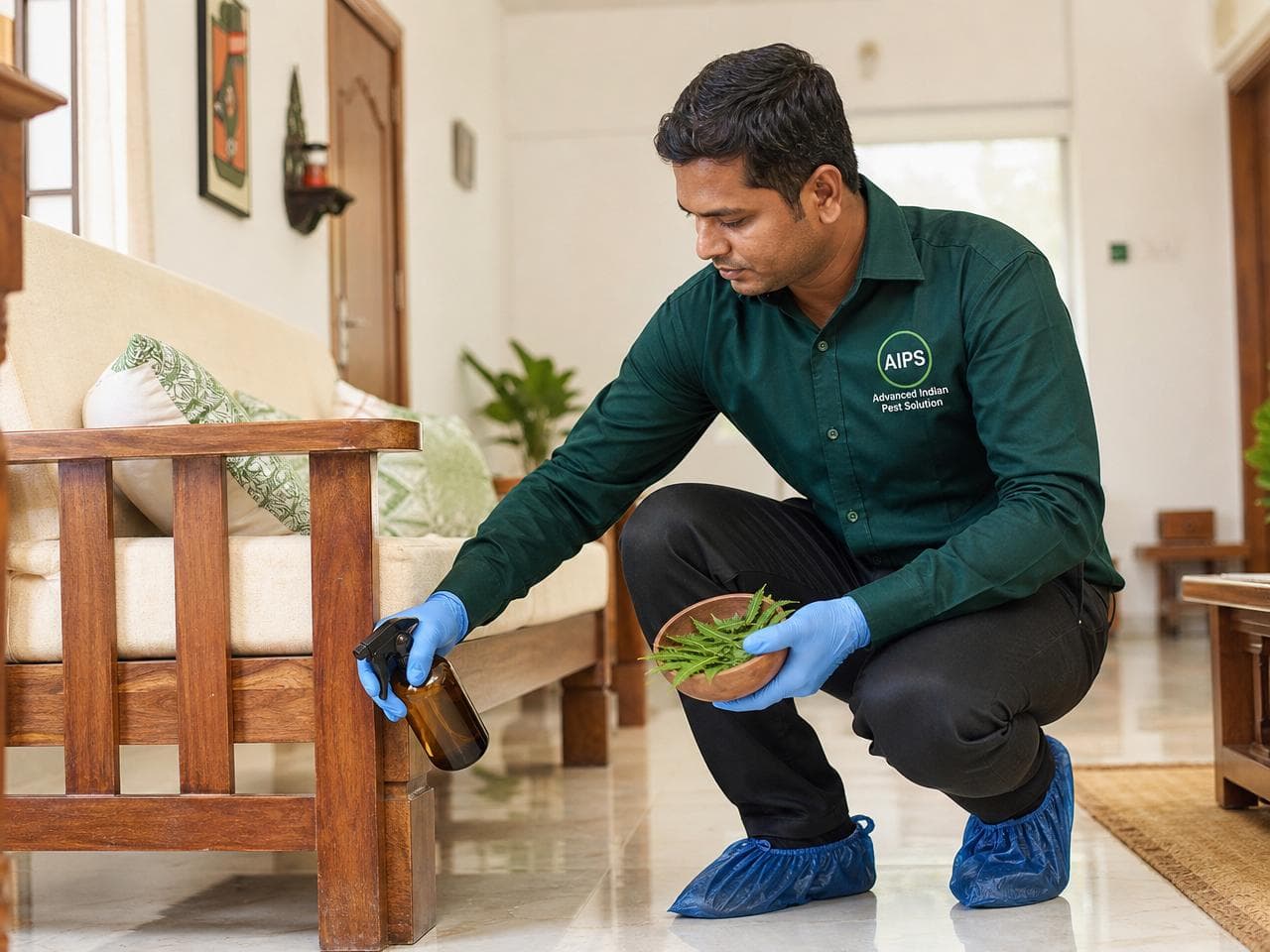 AIPS technician applying herbal, family-safe pest treatment in an Indian home