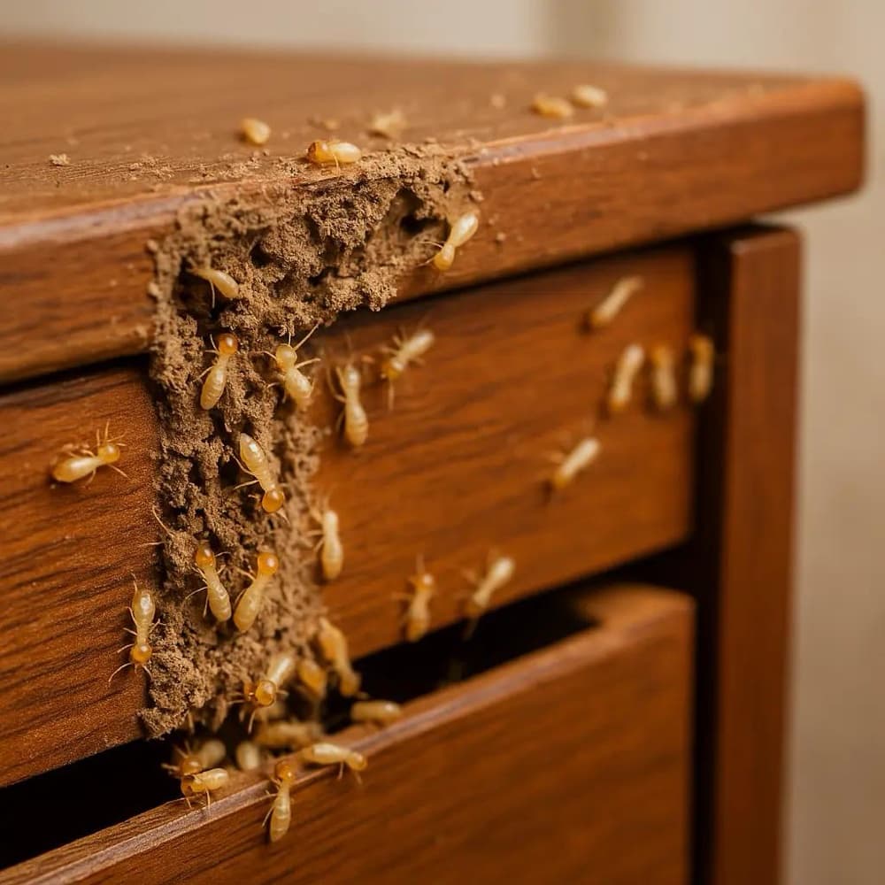 Active termite activity and mud shelter tubes on wooden furniture — a clear sign of infestation.